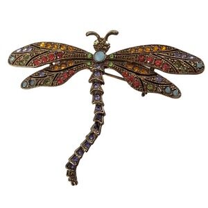 Vintage Bronze Tone Multi Color Rhinestone Dragonfly Brooch 3" Insect Pin